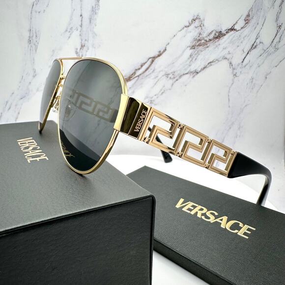 New VERSACE Sunglasses Gold Aviator Pilot Metal Greca Logo Black main image 12